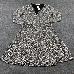 Loft Dress Womens 10 Black White Wrap Dress Belted Long Sleeve NWOT